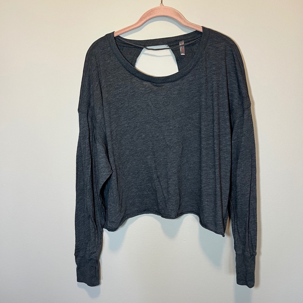 Free People Movement Women's Charcoal Gray Open Back Cropped Long Sleeve Top M
